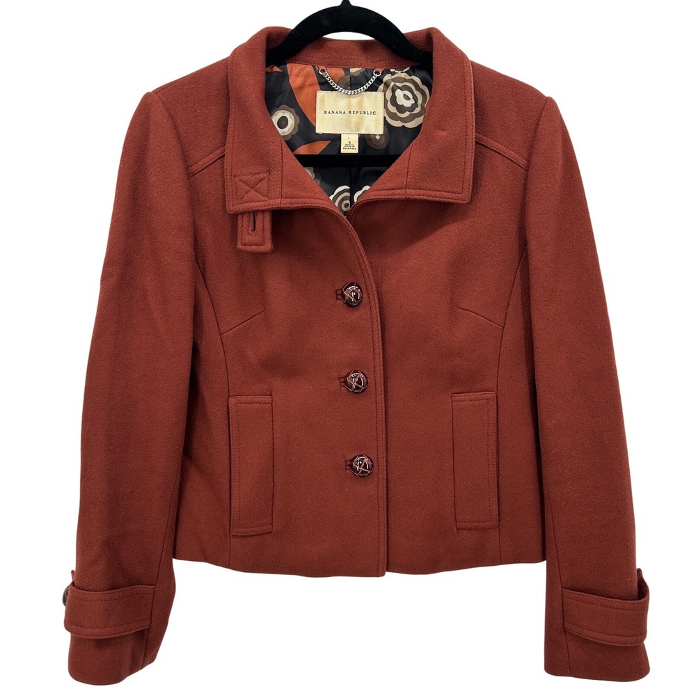 Y2K Banana Republic Womens 100% Wool Pea‎ Coat Jacket Rust Orange Size Small